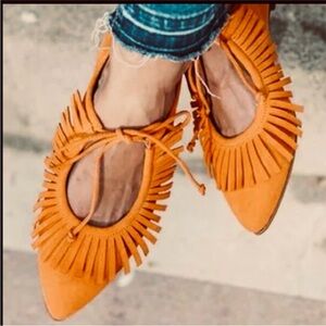 Fringed Orange Faux Suede Pointed Flats